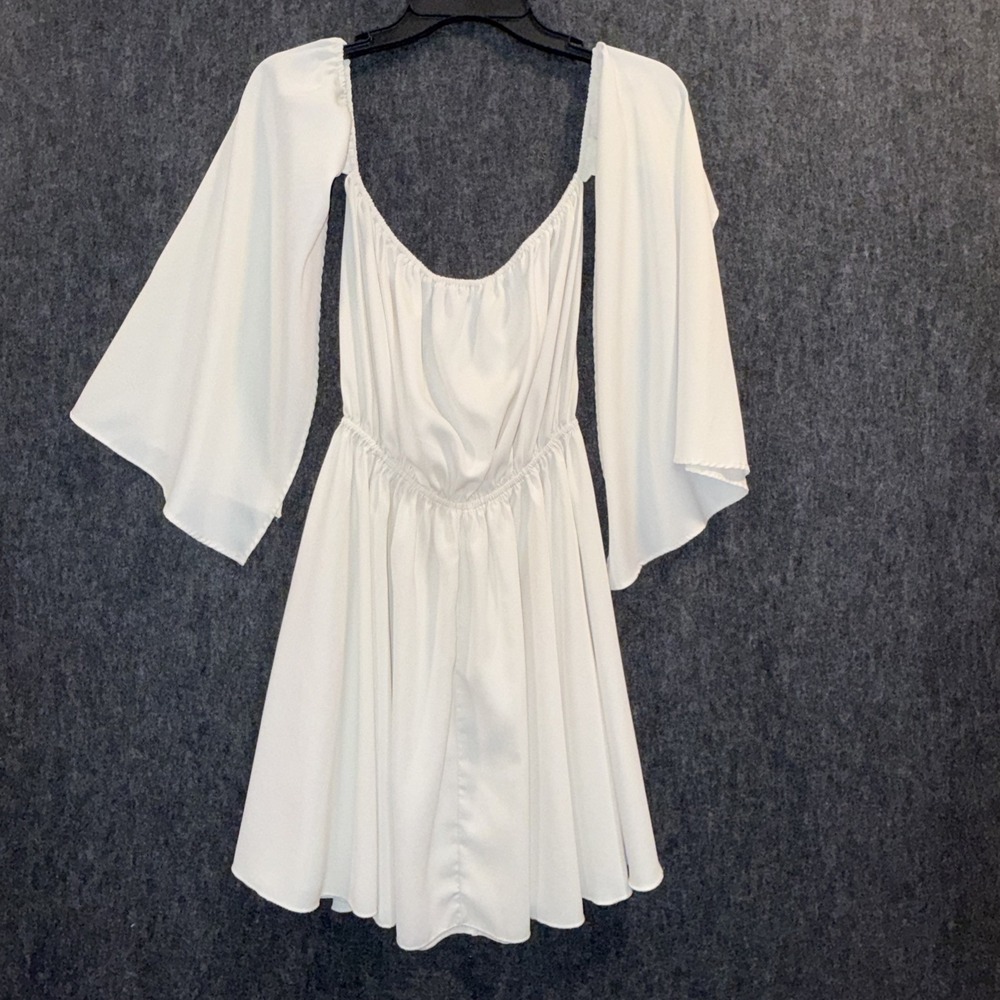 Lyaner Off Shoulder Small Women Cream Boho Flowy Festival Mini Dress Bell Sleeve